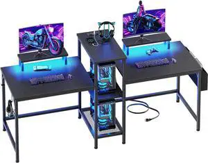 2 Person Gaming Desk with LED Lights, 71 Inch Computer Desk with Power Outlets and Monitor Stand, Double Desk with Storage Bag and Headphone Hooks, Study Writing Table for Home Office, Black 2 Person Gaming Desk with LED Lights, 71 Inch Computer Desk with Power Outlets and Monitor Stand, Double Desk with Storage Bag and Headphone Hooks, Study Writing Table for Home Office, Black