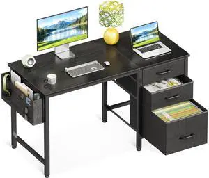 40" Small Computer Home Office Desk for Bedroom with Fabric Drawers & File Cabinet, Cloth Storage Bag and Hook, Writing Study Work Table for Small Space, Black