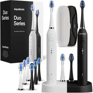 Duo - Dual Handle Ultra Whitening 40,000 VPM Wireless Charging Electric ToothBrushes - 3 Modes with Smart Timers - 10 Dupont Brush Heads & 2 Travel Cases Included