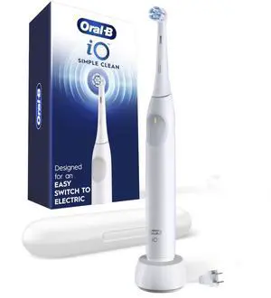 iO Simple Clean Rechargeable Electric Powered Toothbrush, Pure White with 1 Gentle Care Brush Head and 1 White Travel Case - Automatic Pressure Sensor to Protect Gums - 3 Modes -2 Min Timer