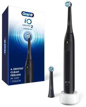 iO Series 2 Rechargeable Electric Powered Toothbrush Starter Kit, Night Black with 2 Brush Heads - Automatic Pressure Sensor to Protect Gums - 3 Modes - 2 Min Timer
