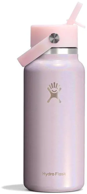 Water Bottle - Insulated Stainless Steel - Wide Mouth Flex Straw Lid, Non-Spill, Leakproof and Refillable in 32 Oz Glimmer Pink