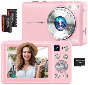 4K Digital Camera, 64MP Autofocus Vlogging Camera with Dual Lens, 16X Digital Zoom YouTube Compact Travel Point Shoot Camera for Teens Beginner, Anti-Shake,2 Batteries, 32GB Card (Pink)