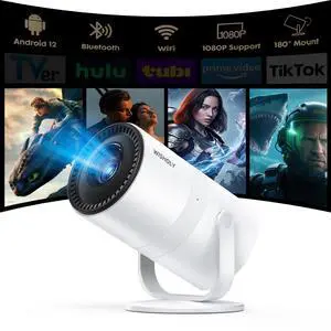 Mini Projector with Android 12 [Built-in App & Electric Focus] 1080P Support, Portable Movie Projector with WiFi and Bluetooth, 180° Rotatable, Compatible with Smartphone HDMI USB