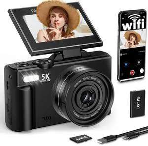 Digital Camera, 5K 75MP Cameras for Photography with WiFi & 64GB TF Card, Autofoucs Vlogging Camera for YouTube with 180° Flip Screen, Compact Vlog Travel Camera Kit for Beginner, Teens (Black)