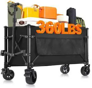 Collapsible Wagon Carts Foldable 150L & 360LBS Portable Folding Wagons with All-Terrain Wheels & Brakes Heavy Duty Outdoor Utility Cart for Grocery Camping Shopping Sports Garden, Black