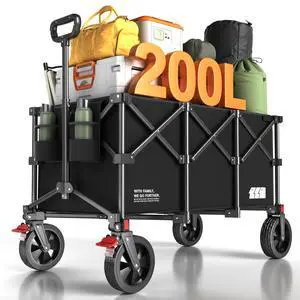 200L Collapsible Foldable Wagon, Large Heavy Duty Wagon Cart with 440lbs Weight Capacity, Folding Utility Wagon with Brake for Camping, Garden, Sports, Picnic, Shopping (Black)