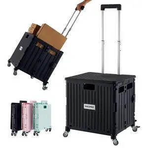 Folding Utility Cart Portable Rolling Crate Handcart Shopping Trolley Collapsible Tool Box, with Lid, Basket on 4 Rotate Wheels, for Grocery, Office, Luggage, Teacher (Black)