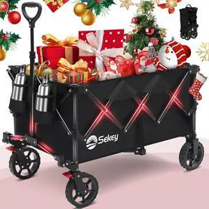 Collapsible Foldable Wagon with 330lbs Weight Capacity, Heavy Duty Folding Wagon Cart with Big All-Terrain Wheels & Drink Holders. Black