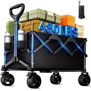 Collapsible Wagon Cart with Universal Wheels, 480LBS Wagons Carts Heavy Duty Collapsible Wagon with Cup Holders, Utility Beach Carts for Camping, Garden, Shopping, Fishing, Sports