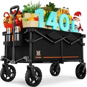 140L Collapsible Folding Wagon, Large Capacity Foldable Wagon with Silent All-Terrain Wheels, Utility Grocery Cart for Camping Shopping Outdoor, Black