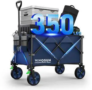 Collapsible Folding Wagon, 350 lb Load-Bearing Outdoor Utility Cart with Silent Universal Wheels, Cup Holders &Side Pockets, Adjustable Handle, for Camping, Garden, Sports, Picnic, Shopping