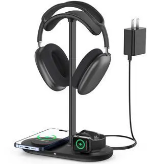 Universal Headphone Stand, Magnetic Wireless Charger for iPhones/AirPods/iWatch, Aluminum Alloy Rod, Leather Pad, ABS Solid Base, Black Universal Headphone Stand, Magnetic Wireless Charger for iPhones/AirPods/iWatch, Aluminum Alloy Rod, Leather Pad, ABS Solid Base, Black