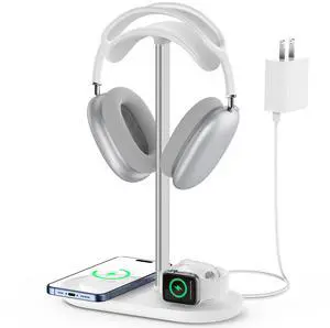 Universal Headphone Stand, Magnetic Wireless Charger for iPhones/AirPods/iWatch, Aluminum Alloy Rod, Leather Pad, ABS Solid Base, White Universal Headphone Stand, Magnetic Wireless Charger for iPhones/AirPods/iWatch, Aluminum Alloy Rod, Leather Pad, ABS Solid Base, White