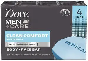 Dove Men+Care Body + Face Bar Soap, Clean Comfort Mild Formula, 3.51 oz, 4 Bars (1-Pack / 4 Count (Pack of 1)) Dove Men+Care Body + Face Bar Soap, Clean Comfort Mild Formula, 3.51 oz, 4 Bars (1-Pack / 4 Count (Pack of 1))