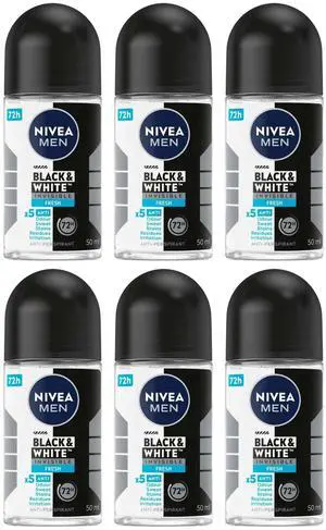 Nivea Men Black & White Invisible Fresh Roll-On Antiperspirant Deodorant, 50 ml (6-Pack) Nivea Men Black & White Invisible Fresh Roll-On Antiperspirant Deodorant, 50 ml (6-Pack)