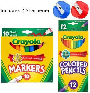 Crayola 10 Broad Line Markers & 12 Colored Pencils Set with 2 Sharpeners Crayola 10 Broad Line Markers & 12 Colored Pencils Set with 2 Sharpeners