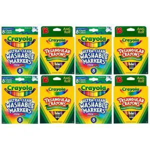 Crayola Art Supply Bundle 4 Pack 8 Count Washable Broad Line Markers + 4 Pack 16 Count Triangular Crayons Crayola Art Supply Bundle 4 Pack 8 Count Washable Broad Line Markers + 4 Pack 16 Count Triangular Crayons