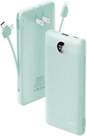 VRURC Portable Charger Built-in Cables and AC Wall Plug, USB C Power Bank 10000mAh, Travel Battery Portable Phone Charger Compact Lightweight External Battery Pack for Smart Phones, Tablets etc-Green VRURC Portable Charger Built-in Cables and AC Wall Plug, USB C Power Bank 10000mAh, Travel Battery Portable Phone Charger Compact Lightweight External Battery Pack for Smart Phones, Tablets etc-Green