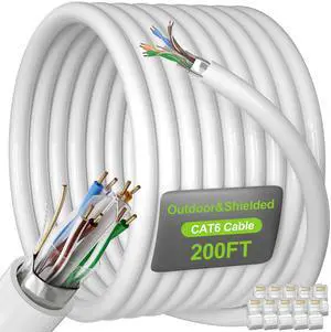 Cat 6 Shielded Ethernet Cable 200ft ( 10 RJ45), Outdoor&Indoor Cat 6 Ethernet Cable Bulk, High Speed Heavy Duty, 23 AWG, Direct Burial, Waterproof, UV Resistant Internet Cables for Router, Gaming Cat 6 Shielded Ethernet Cable 200ft ( 10 RJ45), Outdoor&Indoor Cat 6 Ethernet Cable Bulk, High Speed Heavy Duty, 23 AWG, Direct Burial, Waterproof, UV Resistant Internet Cables for Router, Gaming