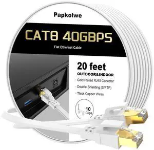 Cat 8 Ethernet Cable 20 ft, Heavy Duty High Speed Cat8 LAN Network Cable, 40Gbps 2000MHz RJ45 Flat Internet Computer Patch Cord, Weatherproof S/FTP UV Resistant for Gaming/Router/Modem,Outdoor&Indoor Cat 8 Ethernet Cable 20 ft, Heavy Duty High Speed Cat8 LAN Network Cable, 40Gbps 2000MHz RJ45 Flat Internet Computer Patch Cord, Weatherproof S/FTP UV Resistant for Gaming/Router/Modem,Outdoor&Indoor