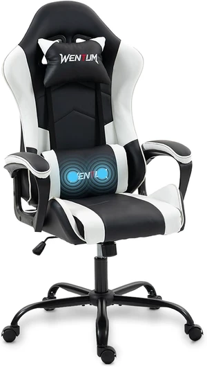 Gaming Chair PU Leather Massage PC Video Game Chair with Lumbar Support for Men Women, Home Office, Height Adjustable, Ergonomic, High Back, White Gaming Chair PU Leather Massage PC Video Game Chair with Lumbar Support for Men Women, Home Office, Height Adjustable, Ergonomic, High Back, White