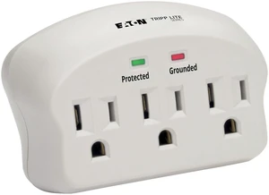 Multi-outlet wall socket extender and surge protector; 3 outlets, 660-joule protection rating, with diagnostic indicator light; portable travel plug. Multi-outlet wall socket extender and surge protector; 3 outlets, 660-joule protection rating, with diagnostic indicator light; portable travel plug.