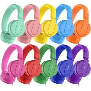 Classroom Headphones Kids Bulk 10-Pack with Mic, 93dB Safe Volume | On-Ear Wired School K-12 Student Headset with Microphone, Durable 3.5mm Jack for Class Set Library Computer Chromebook Laptop Classroom Headphones Kids Bulk 10-Pack with Mic, 93dB Safe Volume | On-Ear Wired School K-12 Student Headset with Microphone, Durable 3.5mm Jack for Class Set Library Computer Chromebook Laptop
