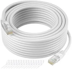 Cat5e Ethernet Cable 25 FT, Long Cat 5e Internet Cable, White Snagless Patch Cord, Flexible, Network, LAN, PoE, Standard RJ45 Connector for PC, Server, Router, Modem, TV, PS5 - with 15 Cable Ties