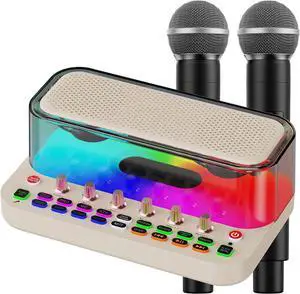 Portable Bluetooth Karaoke Machine Live Sound Card Audio with 2 Wireless Microphones, PA System with Treble/Bass, Voice Changer with Sound Effects for Live Broadcast/Recording PC/Gaming/Phone