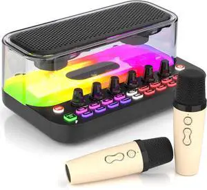 SY11 Portable Live Streaming Sound Card Mixer, Mini Bluetooth Karaoke Machine w/ 2 Wireless Microphone, RGB Lights & Voice Change Sound Effects, Easy Set up Bluetooth Audio Podcast Equipment for PS5