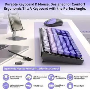 Full-size Wireless Keyboard and Mouse Bundle with OTG & Brush Purple Pink