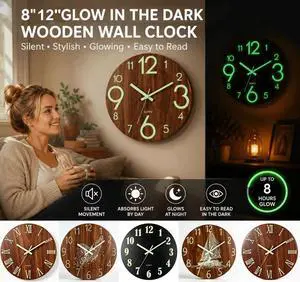 12'' Wall Clock Large Luminous Quartz Night Light Glow In The Dark Silent Home Black 12'' Wall Clock Large Luminous Quartz Night Light Glow In The Dark Silent Home Black