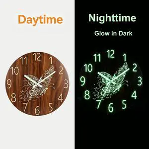 12'' Wall Clock Large Luminous Quartz Night Light Glow In The Dark Silent Home Butterfly 12'' Wall Clock Large Luminous Quartz Night Light Glow In The Dark Silent Home Butterfly