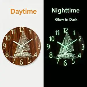 8'' Wall Clock Large Luminous Quartz Night Light Glow In The Dark Silent Home Boat 8'' Wall Clock Large Luminous Quartz Night Light Glow In The Dark Silent Home Boat