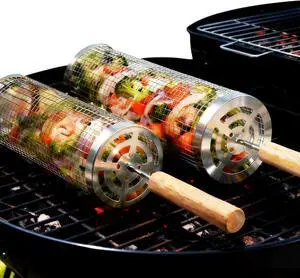 3PCS/SET Rolling Grill Basket 304 Stainless Steel w/Wooden Handle tongs tweezers 3PCS/SET Rolling Grill Basket 304 Stainless Steel w/Wooden Handle tongs tweezers