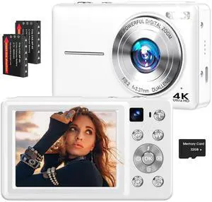 4K Digital Camera, 64MP Autofocus Vlogging Camera with Dual Lens, 16X Digital Zoom YouTube Compact Travel Point Shoot Camera for Teens Beginner, Anti-Shake,2 Batteries, 32GB Card (White)