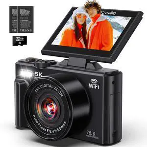 5K Digital Camera - WiFi 75MP Cameras for Photography - UHD Vlogging Camera for YouTube with 3" 180° Flip Screen - Autofocus Compact Video Travel Camara with 18X Zoom, 32GB SD Card, 2 Batteries
