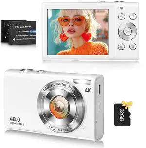 Digital Camera, 4K Vlogging Camera for YouTube Autofocus Cameras for Photography with 16X Digital Zoom, 48MP Compact Point and Shoot Digital Camera for Teens Adult with 32GB SD Card, 2 Batteries-White Digital Camera, 4K Vlogging Camera for YouTube Autofocus Cameras for Photography with 16X Digital Zoom, 48MP Compact Point and Shoot Digital Camera for Teens Adult with 32GB SD Card, 2 Batteries-White