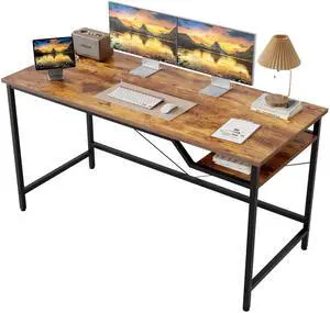 Computer Desk 48 X 24 inch, Gaming Desk for Small Spaces, Modern Simple Style Table for Home Office, Study Student Writing Table (Shelf, Rustic Brown, 48 inch)