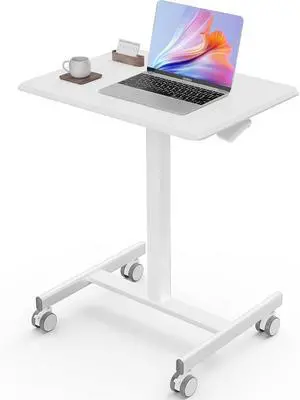 Mobile Small Standing Desk - Sit Stand Portable Rolling Laptop Desk with Lockable Wheels, Adjustable Height Computer Workstations, White