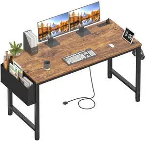 Gaming Desk with Power Outlet, 55 inch Teen Study Table Home Office Work Writing Computer Desks with Charging Station Outlets Built in, Brown