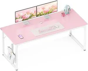 63 Inch Computer Desk Home Office Desk, Gaming Writing Work from Home Study Desk, Modern Simple Design, Large Legroom, Sturdy Metal Frame, Pink