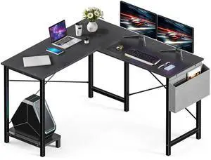 50 Inches L Shaped Home Office Computer Desk Reversible Corner Table PC with Wood Tabletop Metal Frame CPU Stand Side Bag for Gaming, Working and Studying, Black