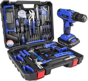 21V Tool Set with Drill, 350 in-lb Torque, 0-1350RMP Variable Speed, 10MM 3/8'' Keyless Chuck, 18+1 Clutch, 1.5Ah Li-Ion Battery & Charger for Home Tool Kit