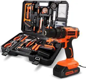 Household Tool Set with 20V Cordless Drill Driver, 120Pcs Hand Tool Kit for Men, Power Drill Set with Plastic Toolbox, Ideal for Office, Garden, DIY Project