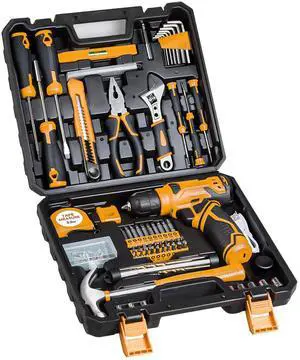 Tool Set - Tool Kit with 8V Cordless Drill, 132 Piece Tool Box with Drill, Home Tool Kits for Men & Women, Hand Drill Set Perfect for Homeowner, Diyer, Handyman-Yellow