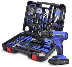 112 Piece Power Tool Combo Kits with 21V Cordless Drill, Professional Household Home Tool Kit Set with DIY Hand Tool Kits for Garden Office House Repair Maintain-Blue