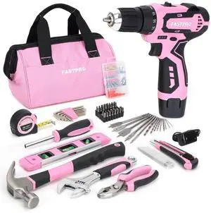 175-Piece 12V Pink Drill Set, Cordless Lithium-ion Driver and Tool Kit, House Repairing Tool with 12-Inch Storage Bag, For DIY, Home Maintenance 175-Piece 12V Pink Drill Set, Cordless Lithium-ion Driver and Tool Kit, House Repairing Tool with 12-Inch Storage Bag, For DIY, Home Maintenance