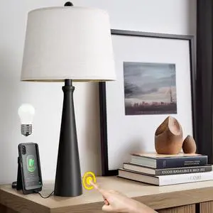 25.75" Table Lamps for Living Room, Bedside Lamp 3-Way Dimmable Touch Control, Modern Black Nightstand Lamp with Fabric Shade, Vintage Table Lamp for Bedroom, Bulb Included